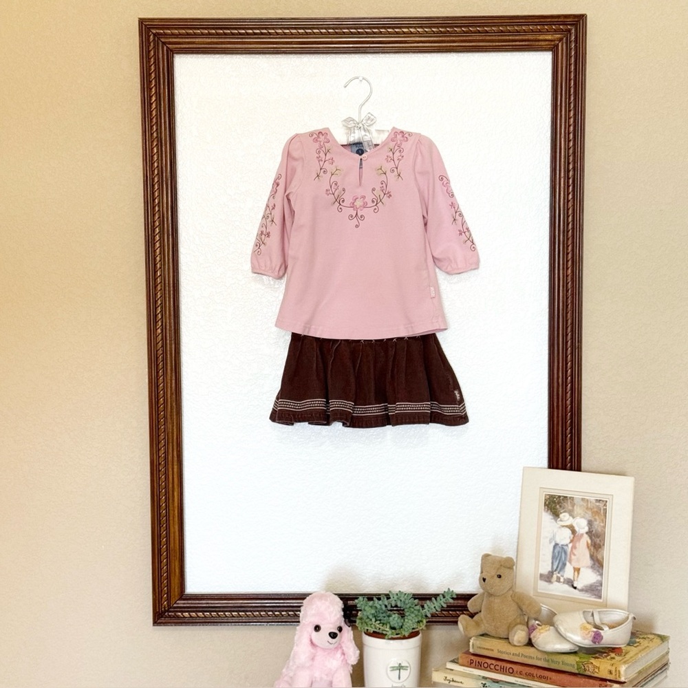 Pumpkin Patch EUC 2007 Brown Corduroy Skirt Embroidered LongSleeve Outfit Size 1